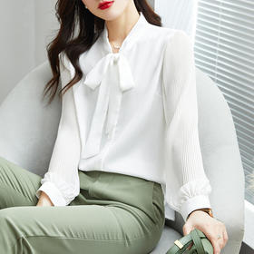 JZYFS109J新款时尚气质休闲蝴蝶结飘带长袖百褶雪纺衬衫