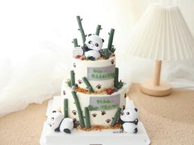 卡通主题款 森系熊猫国宝 翻糖 周岁 双层 男孩女孩造型蛋糕