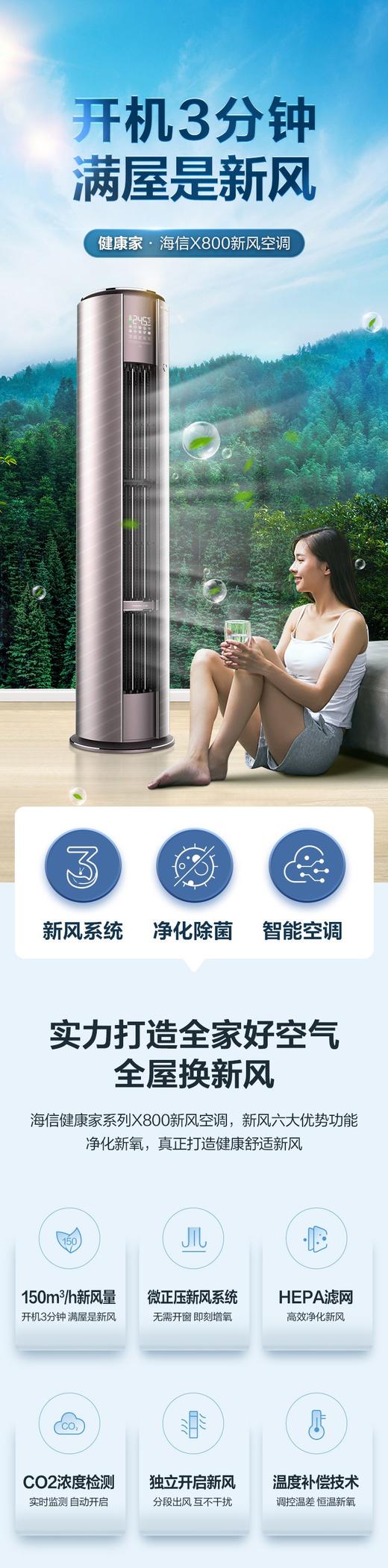 海信3匹新风增氧空调柜机一级能效变频客厅立式圆柱72LW/X800-X1 商品图2