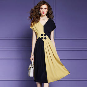 FMY-45751夏季新款设计感小众气质收腰撞色拼接大摆裙