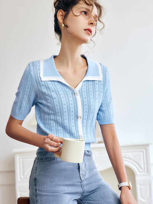 OLrain法式高级穿搭蓝色短袖针织衫女夏季2022年新款修身薄款上衣 商品图3