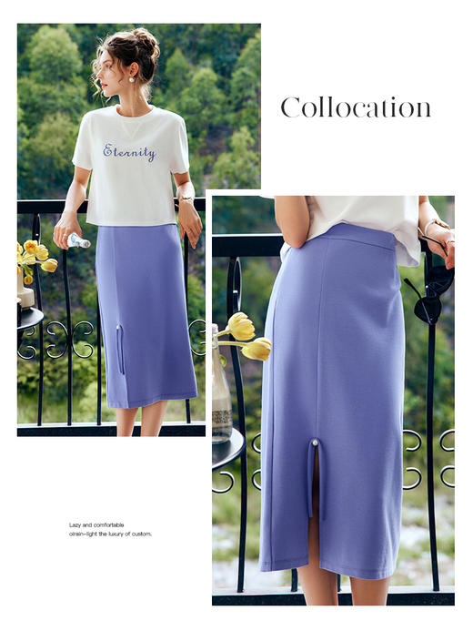 OLrain法式紫色半身裙女夏季2022新款高腰气质显瘦薄款开叉直筒裙 商品图1