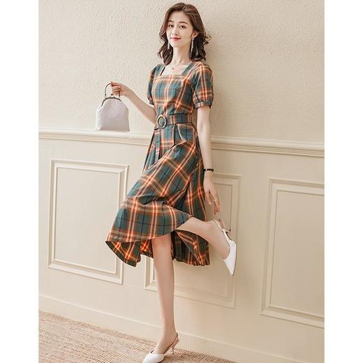DSYP-DS21086新款法式时尚气质方领短袖格子连衣裙 商品图2