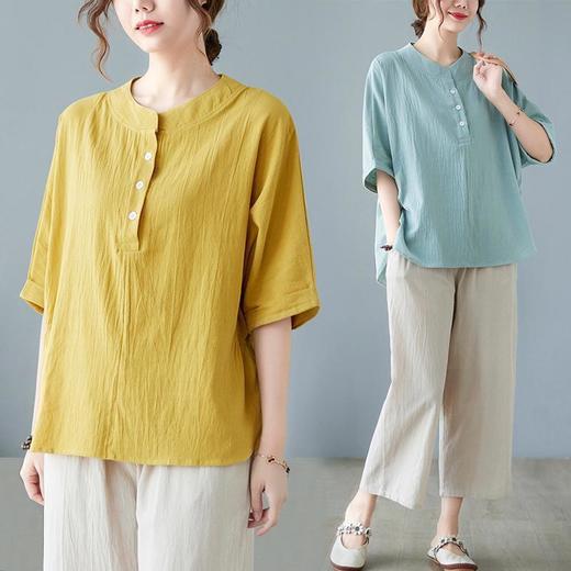 棉麻短袖衬衫女新款妈妈秋冬夏装亚麻上衣宽松遮肚显瘦洋气套装 商品图1