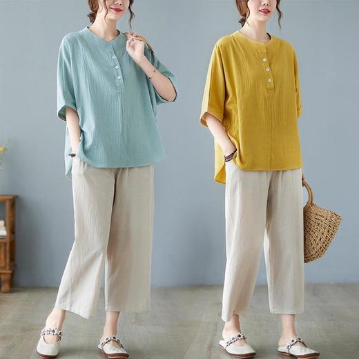 棉麻短袖衬衫女新款妈妈秋冬夏装亚麻上衣宽松遮肚显瘦洋气套装 商品图0