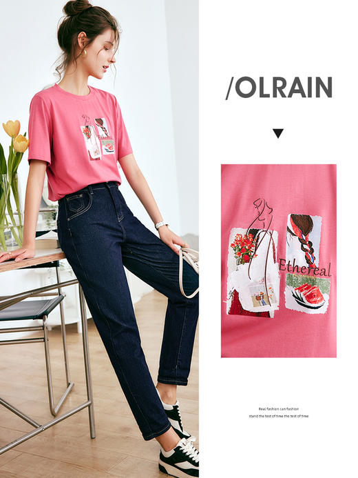 欧芮儿OLrain法式短袖t恤女夏季2022新款时尚宽松印花减龄上衣 商品图0