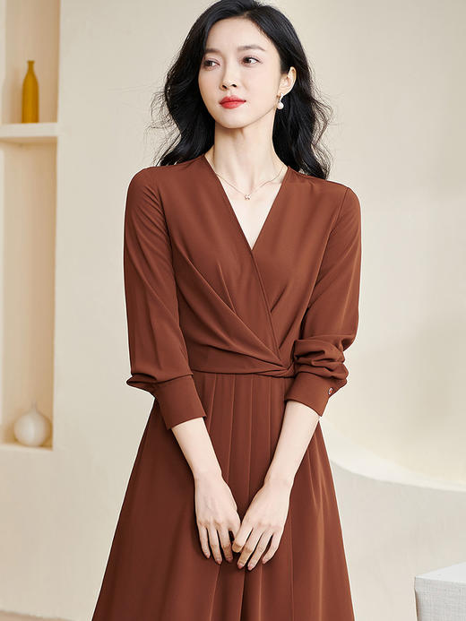 剩S/XL 米思阳2026春季新款气质通勤纯色长袖连衣裙扭结收腰大摆裙2232 商品图1