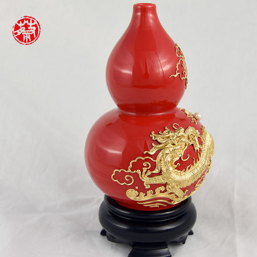 中华老字号蔡氏漆线雕祥龙葫芦瓶（5英寸红釉） 商品图2