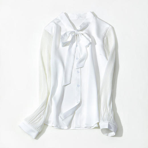 JZYFS109J新款时尚气质休闲蝴蝶结飘带长袖百褶雪纺衬衫 商品图5