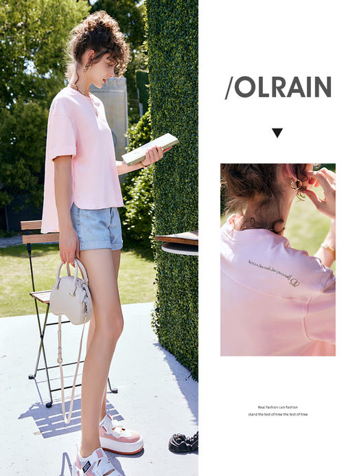欧芮儿OLrain法式粉色短袖T恤女夏季2022新款宽松时尚刺绣上衣 商品图2