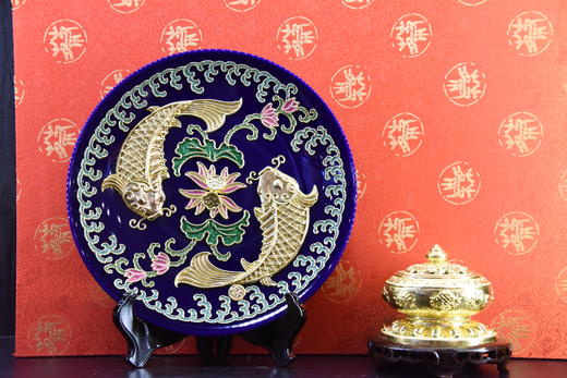 中华老字号蔡氏漆线雕双鱼和谐盘（10英寸蓝） 商品图0