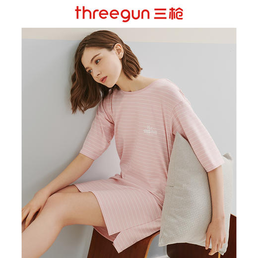 Threegun三枪 【彩条水柔弹力棉】圆领中袖女士家居裙睡裙-70403A911 商品图2