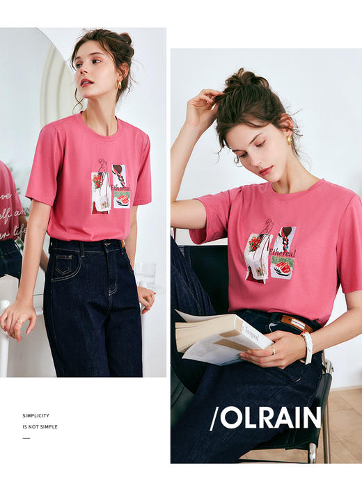 欧芮儿OLrain法式短袖t恤女夏季2022新款时尚宽松印花减龄上衣 商品图2