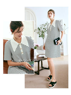 OLrain法式高级穿搭条纹T恤连衣裙女夏季2022新款气质减龄翻领裙