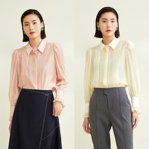 玳莎纯色泡泡袖翻领衬衫女宽松法式别致漂亮设计感长袖上衣 CC31305 商品图2