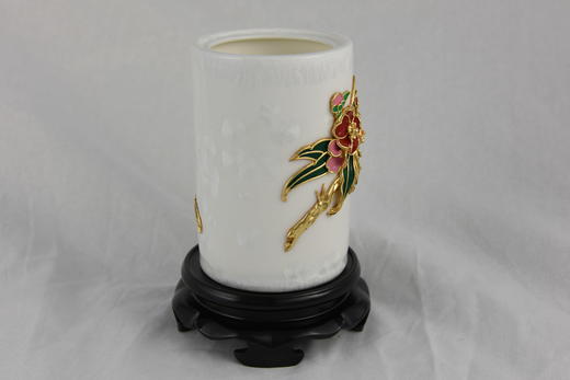 中华老字号蔡氏漆线雕结晶釉山茶花笔筒 商品图1