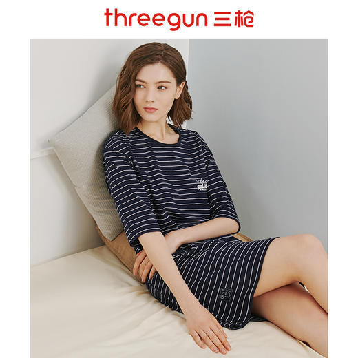 Threegun三枪 【彩条水柔弹力棉】圆领中袖女士家居裙睡裙-70403A911 商品图3