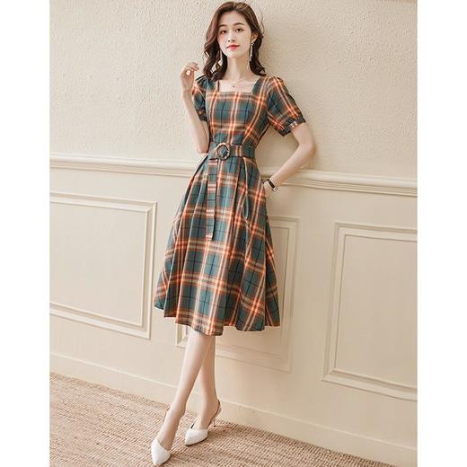 DSYP-DS21086新款法式时尚气质方领短袖格子连衣裙 商品图0