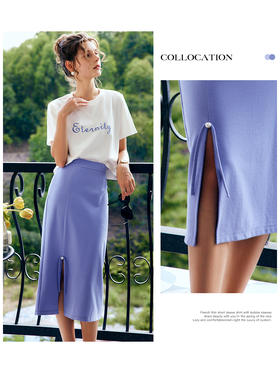 OLrain法式紫色半身裙女夏季2022新款高腰气质显瘦薄款开叉直筒裙