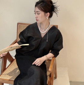预定|盛唐牡丹 市隐系列香云纱V领长裙 .潮快闪[福利品]