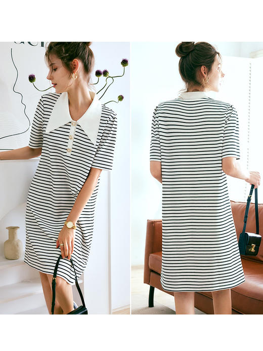 OLrain法式高级穿搭条纹T恤连衣裙女夏季2022新款气质减龄翻领裙 商品图2