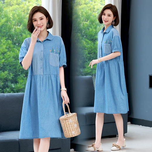 HR-WX05019  2022夏季新款拼接文艺复古刺绣花牛仔衬衫裙 商品图0