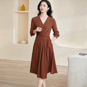 剩S/XL 米思阳2026春季新款气质通勤纯色长袖连衣裙扭结收腰大摆裙2232