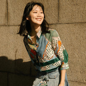 【不规则印花】谜底衬衫式连衣裙宽松纯棉花裙子送腰带225ML6053