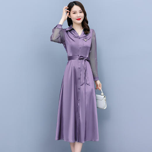 2022秋季新款醋酸缎面长袖连衣裙气质显瘦遮肚纯色女装   XYX3653 商品图1