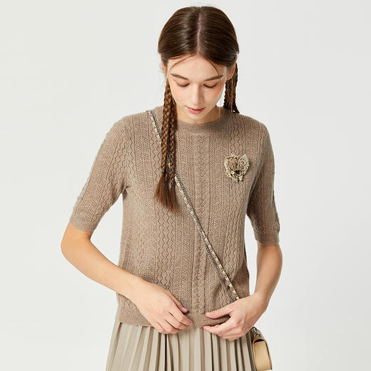 Famecoco范可儿卡其色镂空针织衫t恤秋羊毛微透上衣女宽松高级感F225DB002 商品图1