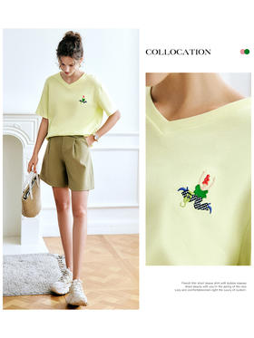 欧芮儿OLrain法式V领短袖t恤女夏季2022年新款宽松刺绣纯棉上衣