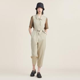 谜底2022秋新品复古文艺竖条纹配腰带翻领天丝连体裤女223MK1053