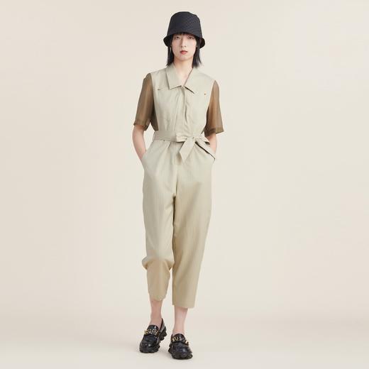 谜底2022秋新品复古文艺竖条纹配腰带翻领天丝连体裤女223MK1053 商品图0