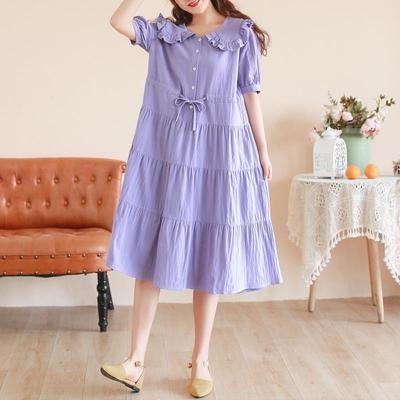 【温柔文艺 娃娃领蛋糕裙】实拍大码女装夏季棉麻宽松夏天胖中长款显瘦短袖孕妇裙子 商品图7