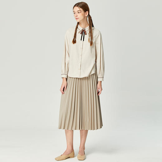 Famecoco范可儿品牌全棉木耳边衬衫女士春秋季原创长袖线条绣花衬衣F225BH012 商品图4