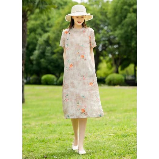 dp1095  2022夏季改良旗袍日常短袖复古文艺斜襟棉麻印花连衣裙 商品图0