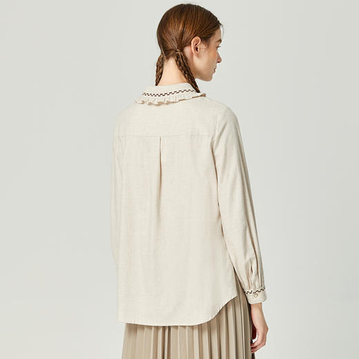 Famecoco范可儿品牌全棉木耳边衬衫女士春秋季原创长袖线条绣花衬衣F225BH012 商品图3