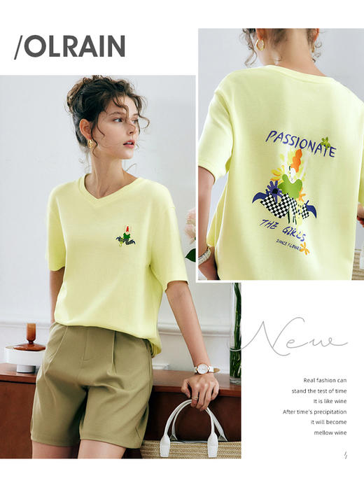 欧芮儿OLrain法式V领短袖t恤女夏季2022年新款宽松刺绣纯棉上衣 商品图2