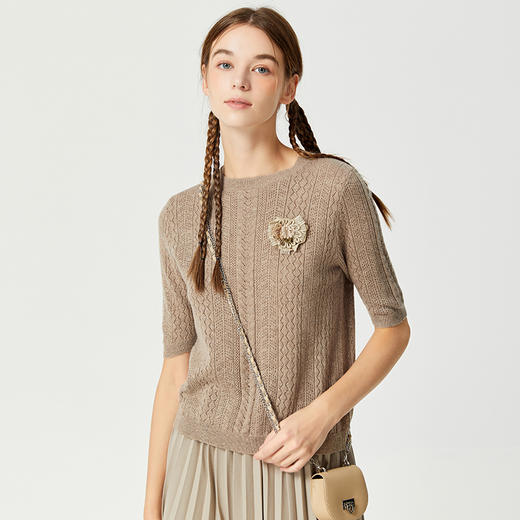 Famecoco范可儿卡其色镂空针织衫t恤秋羊毛微透上衣女宽松高级感F225DB002 商品图0