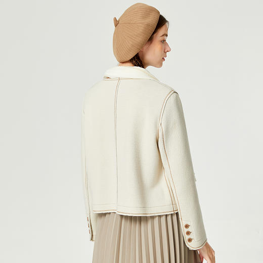 famecoco范可儿撞色绣花羊毛外套女宽松秋季V领短款上衣保暖高弹F225AB004 商品图3