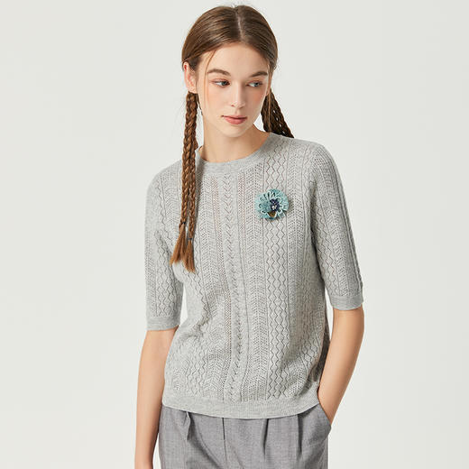 Famecoco范可儿卡其色镂空针织衫t恤秋羊毛微透上衣女宽松高级感F225DB002 商品图3