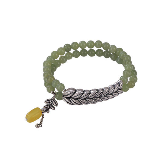 【晴烟】S990银足银蜜蜡和田青玉圆珠麦穗双圈手串【CW-80407】 商品图4