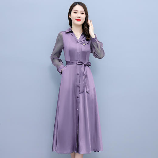 2022秋季新款醋酸缎面长袖连衣裙气质显瘦遮肚纯色女装   XYX3653 商品图3