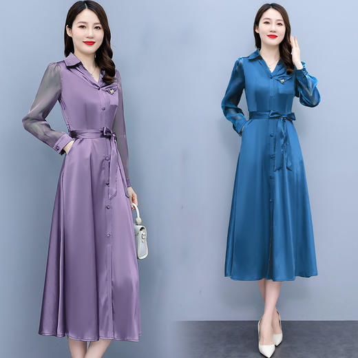 2022秋季新款醋酸缎面长袖连衣裙气质显瘦遮肚纯色女装   XYX3653 商品图2