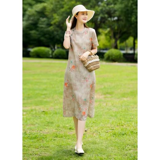 dp1095  2022夏季改良旗袍日常短袖复古文艺斜襟棉麻印花连衣裙 商品图2