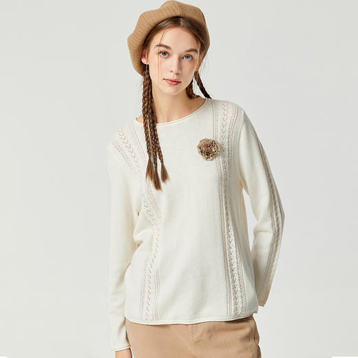 Famecoco范可儿品牌针织衫女专柜正品春秋季镂空长袖羊毛白色上衣F225DB003 商品图0