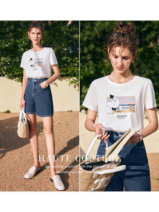 欧芮儿OLrain法式白色短袖T恤女夏季2022新款正肩小象刺绣上衣 商品图1