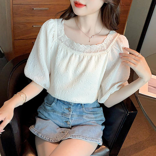 新款方领，蕾丝花边泡泡袖气质雪纺衫衬衫钉珠上衣KQL-6176 商品图4