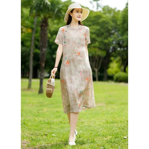 dp1095  2022夏季改良旗袍日常短袖复古文艺斜襟棉麻印花连衣裙 商品图1