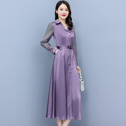 2022秋季新款醋酸缎面长袖连衣裙气质显瘦遮肚纯色女装   XYX3653 商品图5